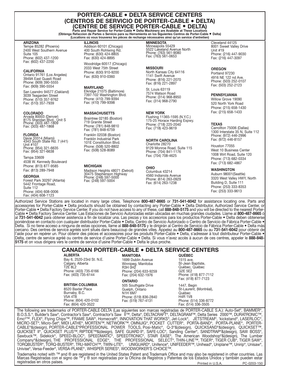 Canadian porter-cable, Delta service centers, Porter-cable | Delta) (centre de service porter-cable, Delta) | Porter-Cable 909516 User Manual | Page 13 / 13