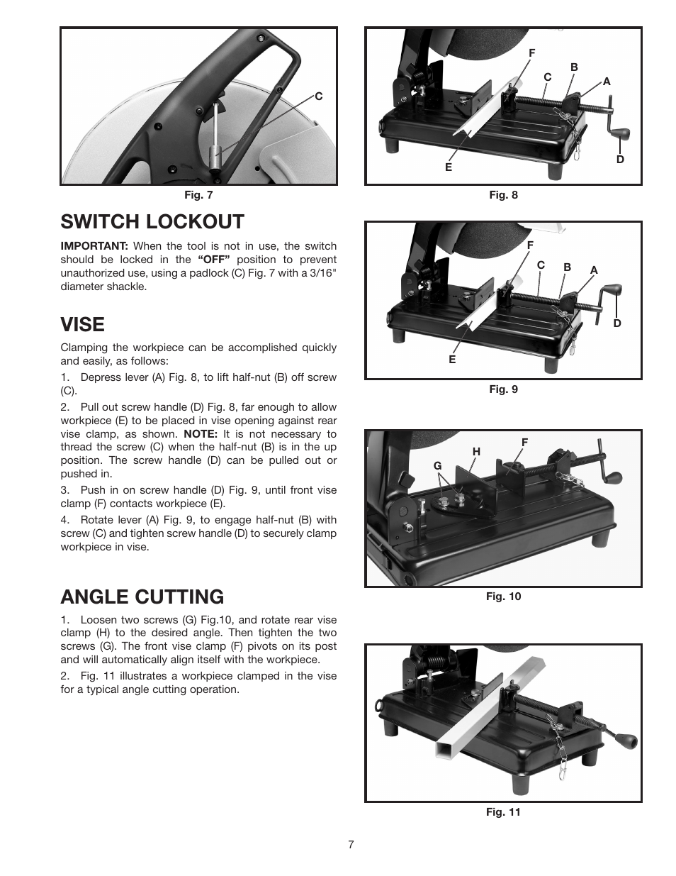 Switch lockout, Vise, Angle cutting | Porter-Cable 909516 User Manual | Page 7 / 13