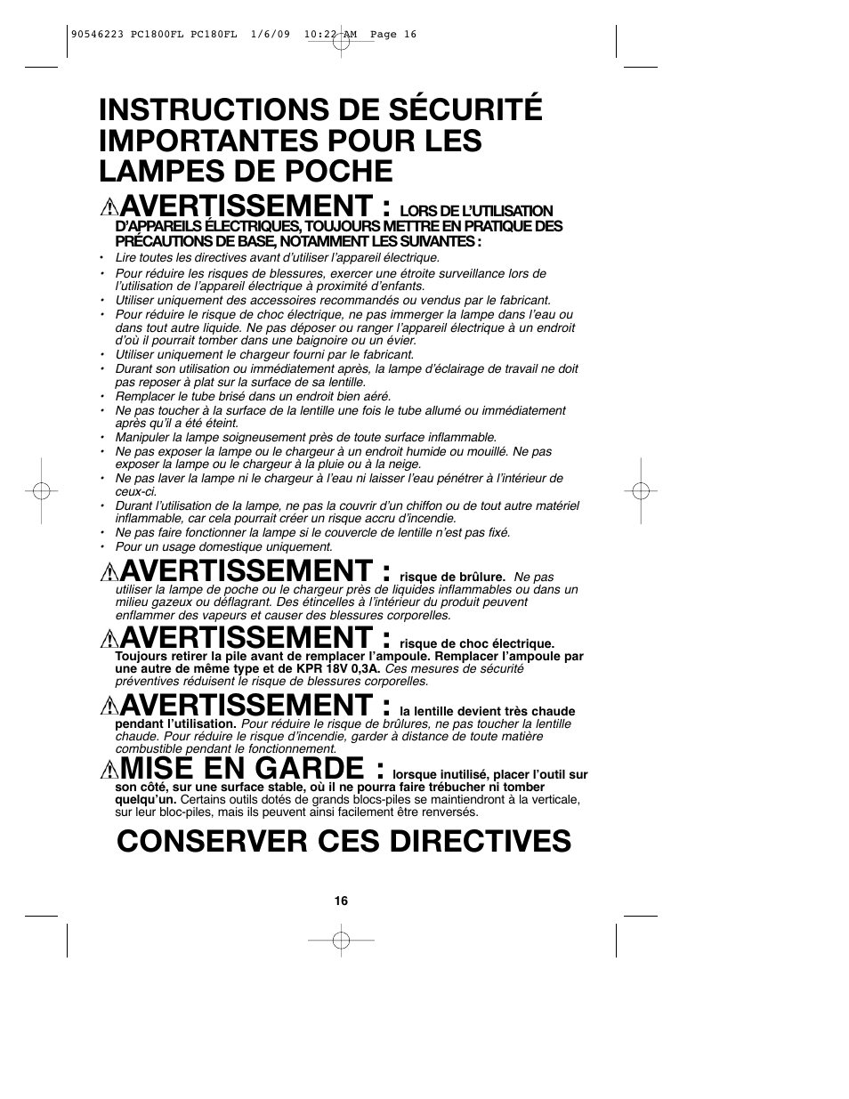 Avertissement, Mise en garde, Conserver ces directives | Porter-Cable PC1800FL User Manual | Page 16 / 40