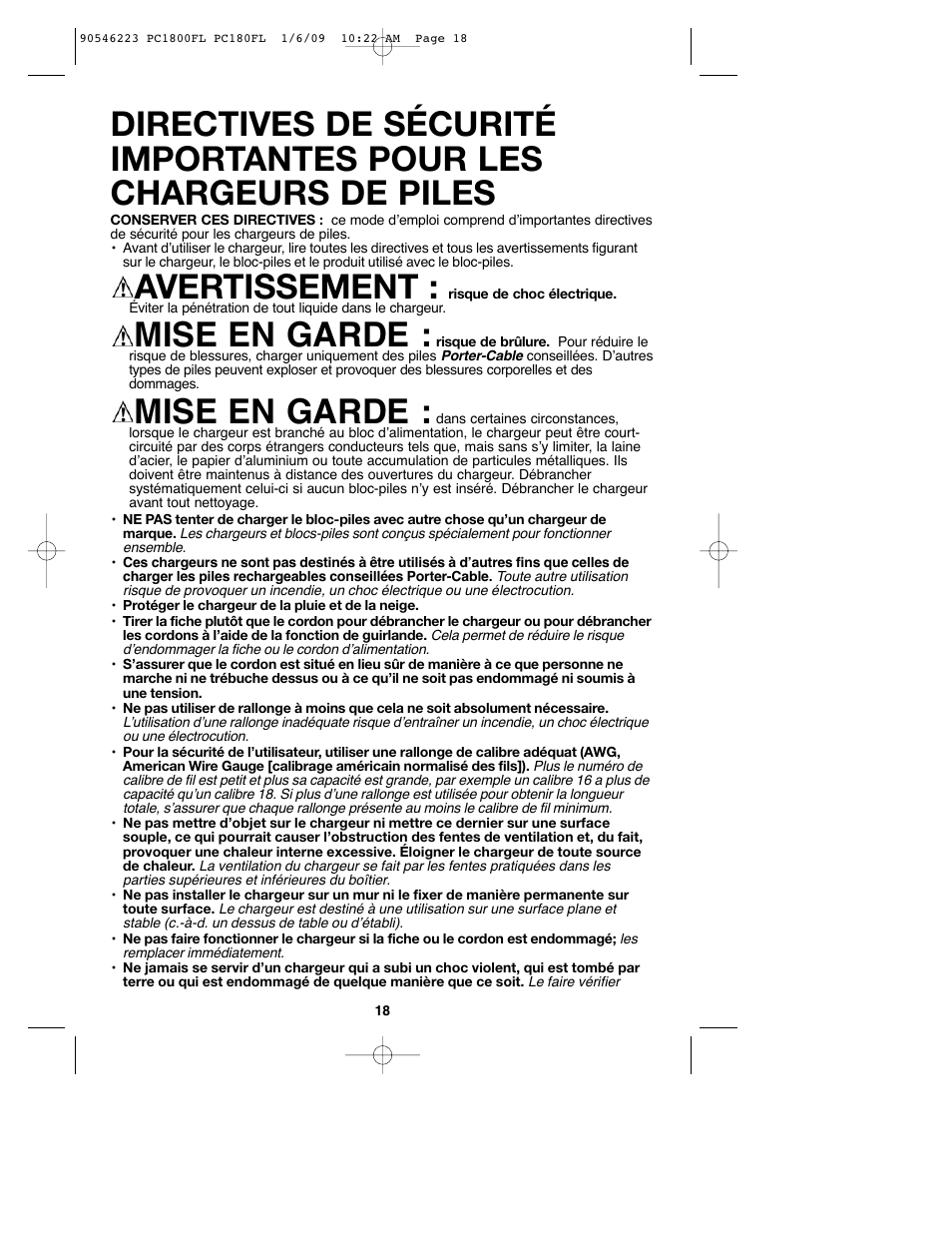 Avertissement, Mise en garde | Porter-Cable PC1800FL User Manual | Page 18 / 40