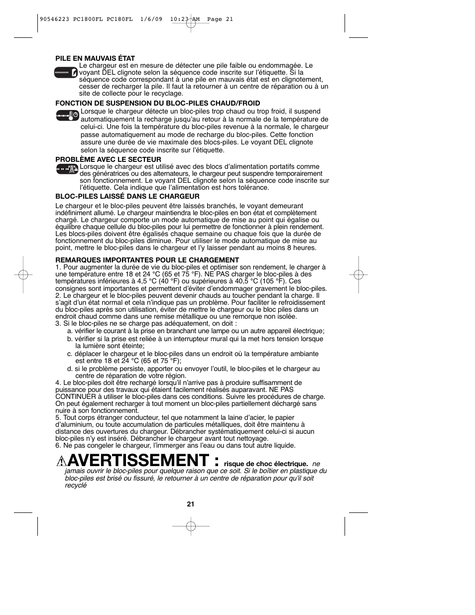 Avertissement | Porter-Cable PC1800FL User Manual | Page 21 / 40