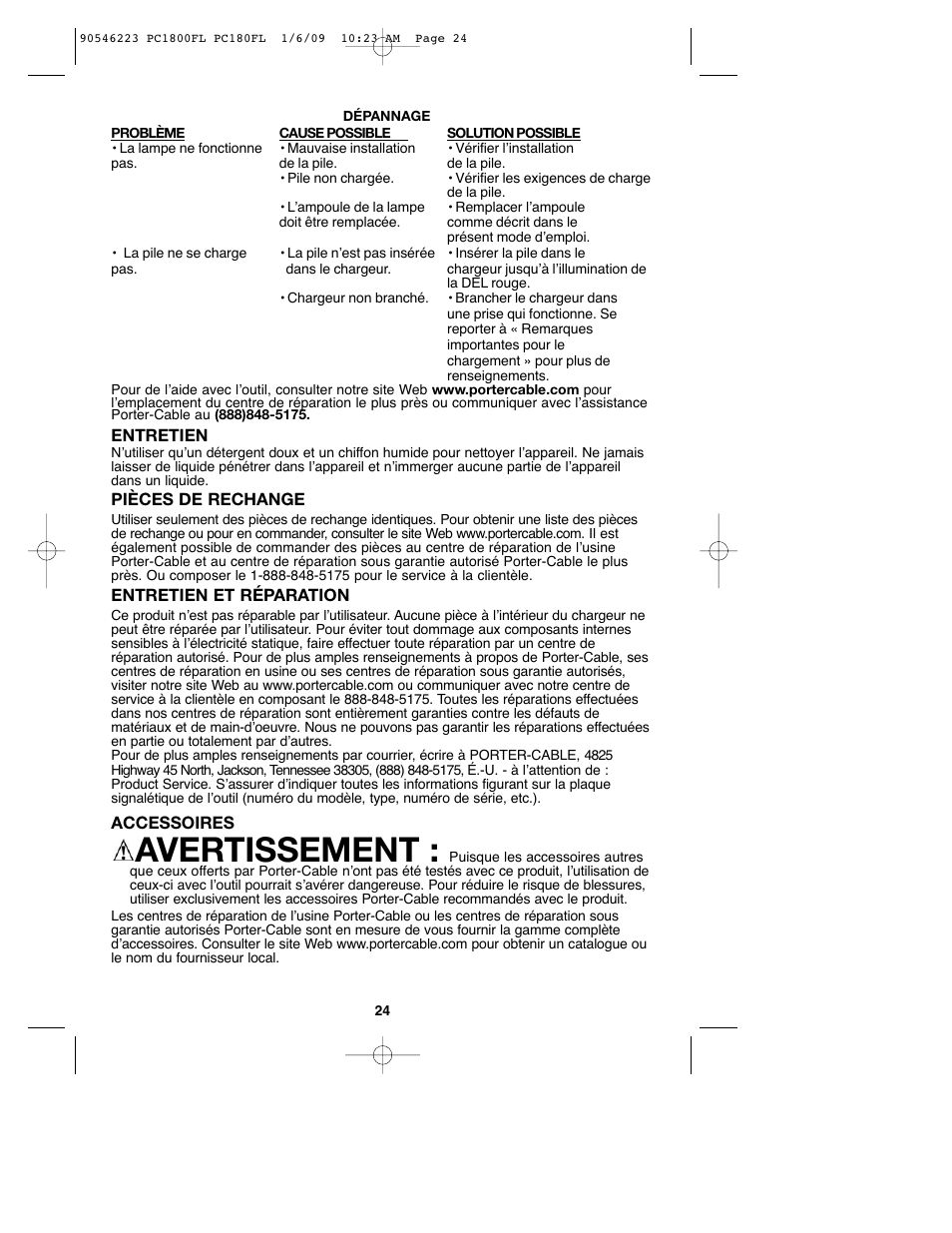 Avertissement | Porter-Cable PC1800FL User Manual | Page 24 / 40