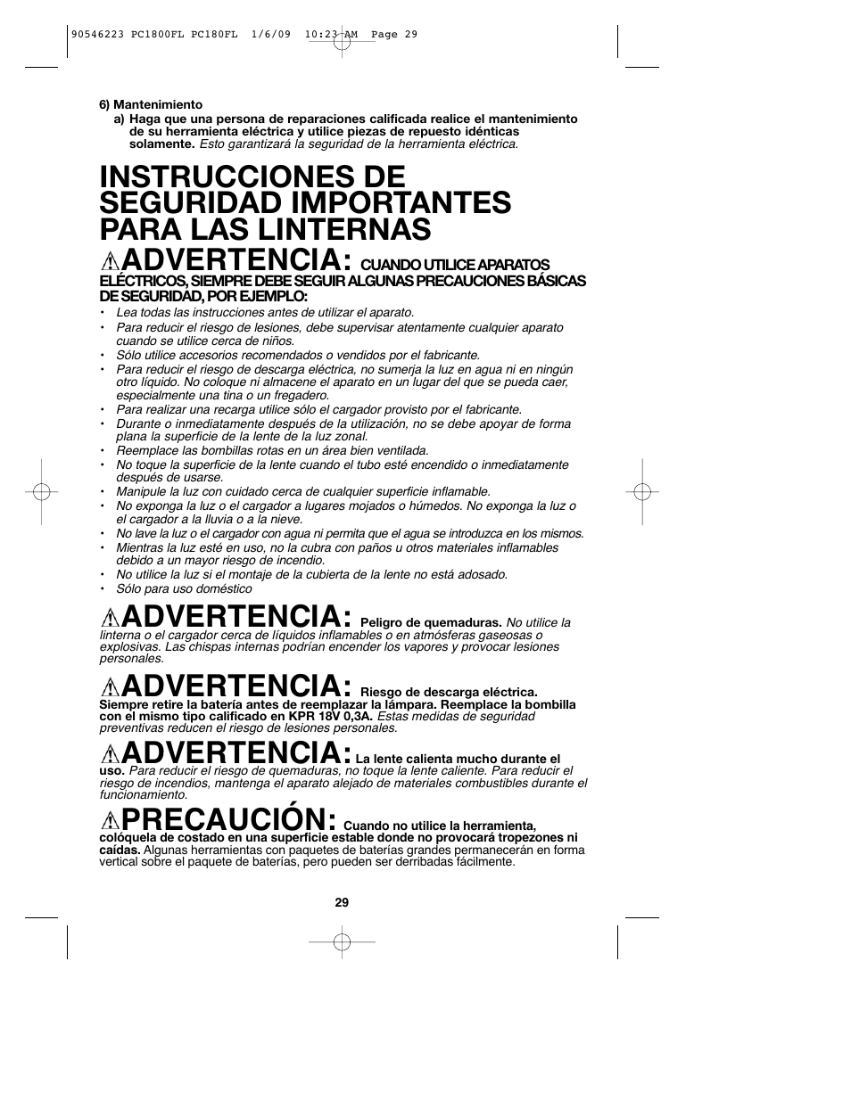 Advertencia, Precaución | Porter-Cable PC1800FL User Manual | Page 29 / 40