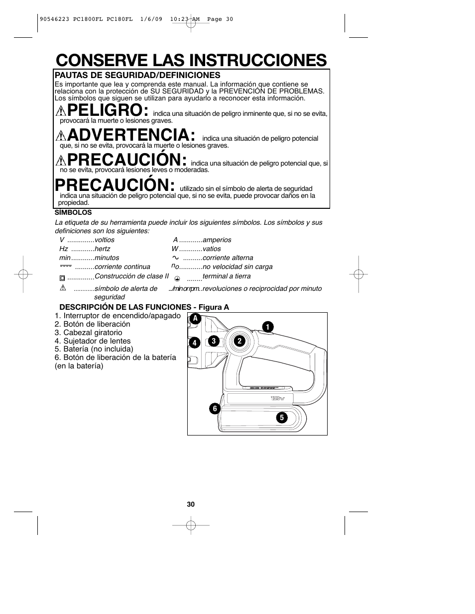 Conserve las instrucciones, Peligro, Advertencia | Precaución | Porter-Cable PC1800FL User Manual | Page 30 / 40