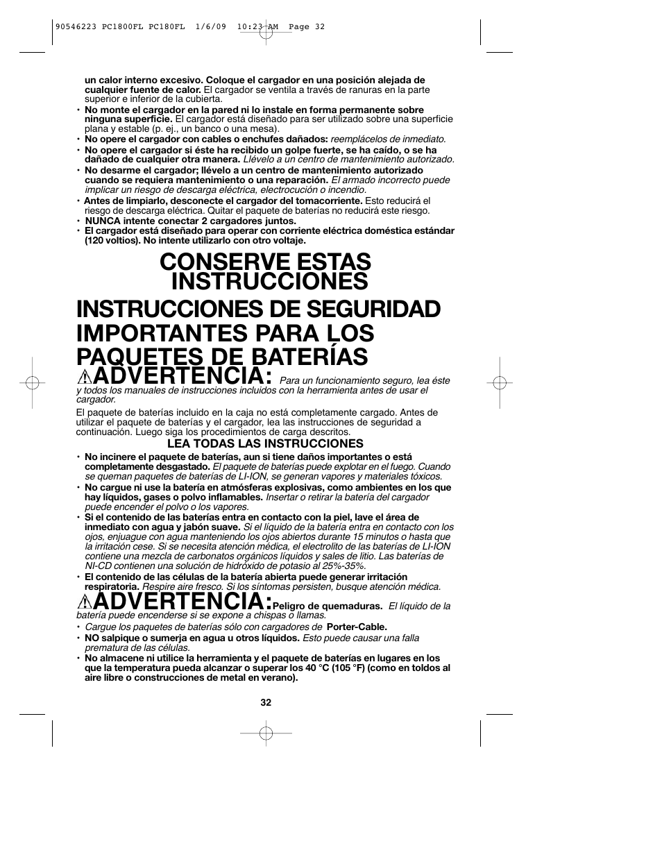 Advertencia | Porter-Cable PC1800FL User Manual | Page 32 / 40