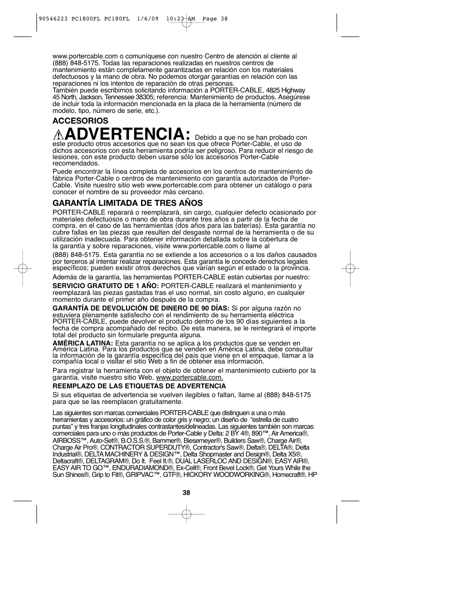 Advertencia | Porter-Cable PC1800FL User Manual | Page 38 / 40