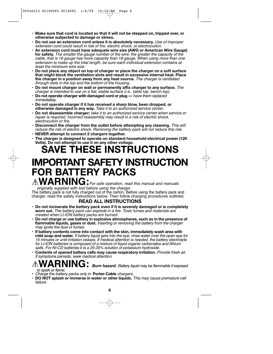 Warning | Porter-Cable PC1800FL User Manual | Page 6 / 40