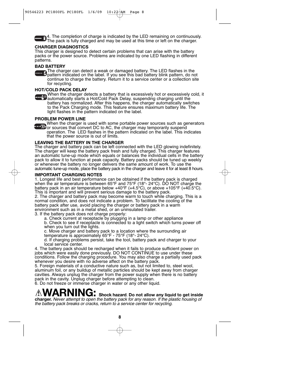 Warning | Porter-Cable PC1800FL User Manual | Page 8 / 40