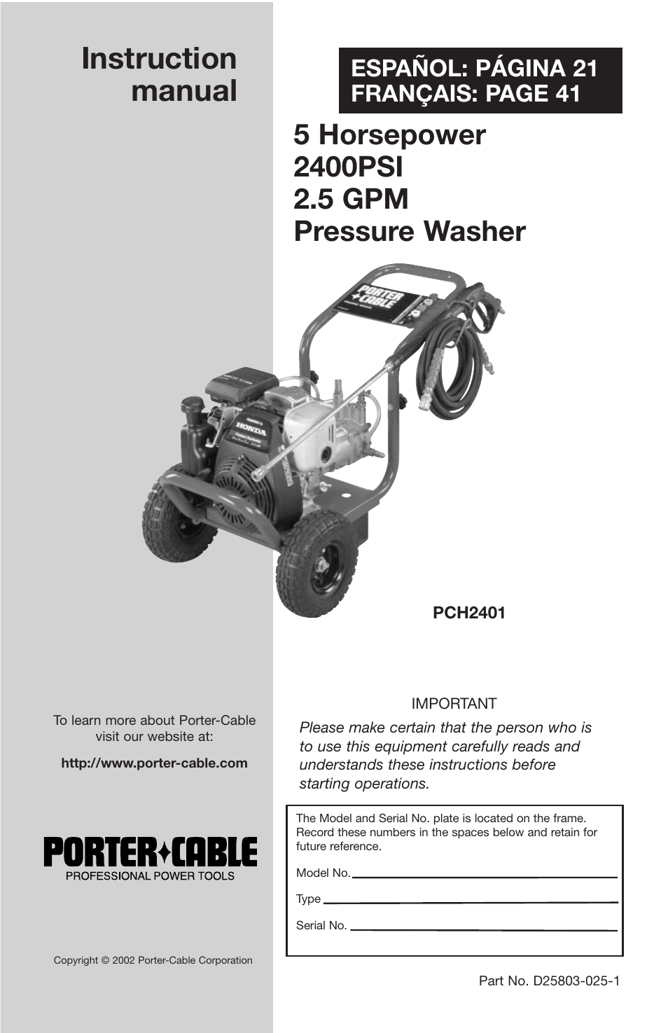 Porter-Cable D25803-025-1 User Manual | 20 pages