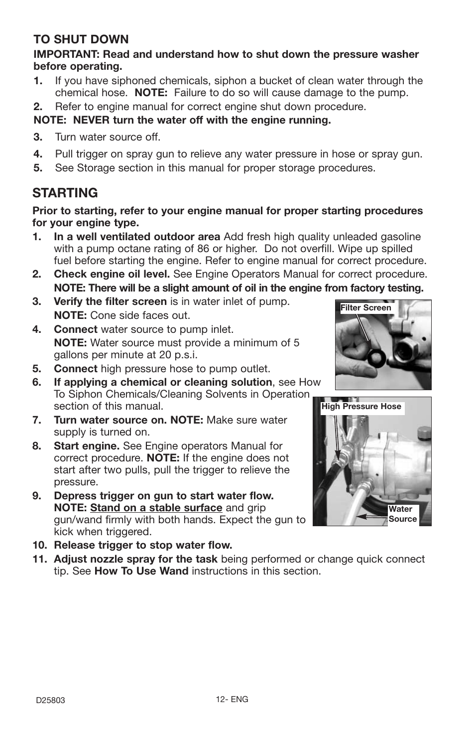 Starting | Porter-Cable D25803-025-1 User Manual | Page 12 / 20