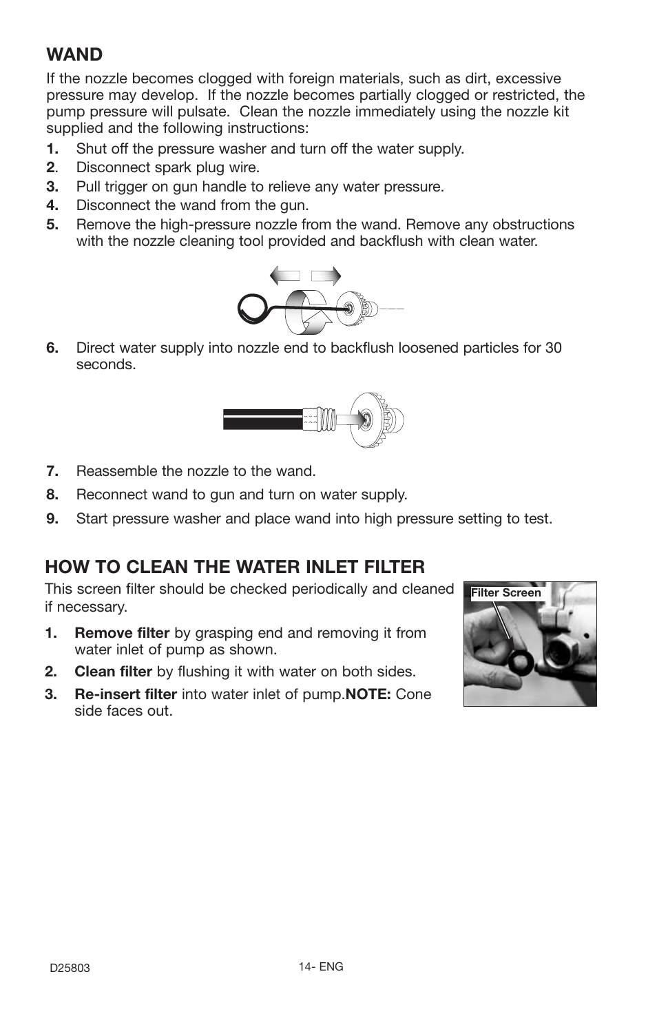 How to clean the water inlet filter, Wand | Porter-Cable D25803-025-1 User Manual | Page 14 / 20