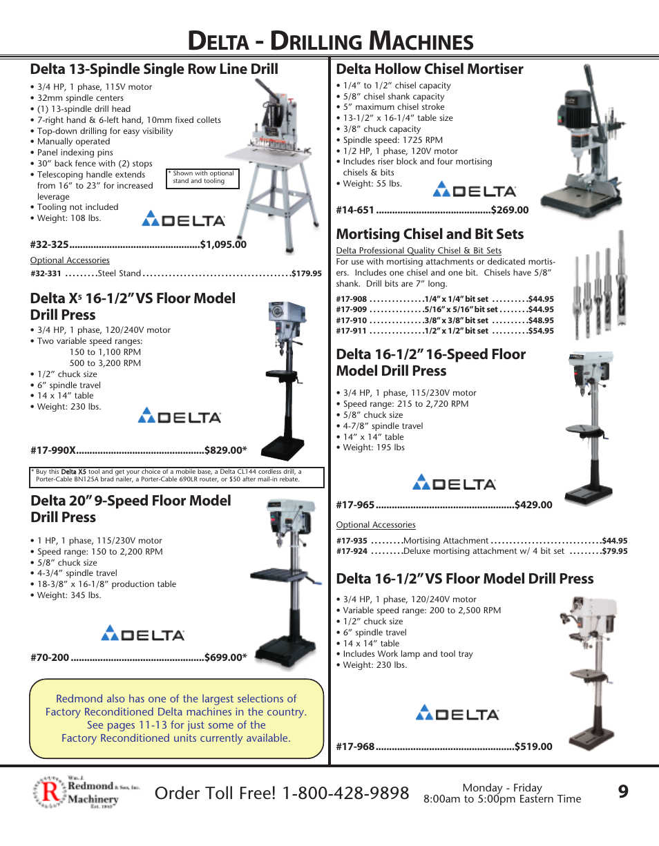 Elta, Rilling, Achines | Delta 13-spindle single row line drill, Delta 20” 9-speed floor model drill press, Delta x, 1/2” vs floor model drill press, Delta hollow chisel mortiser, Mortising chisel and bit sets | Porter-Cable XX55 User Manual | Page 8 / 12