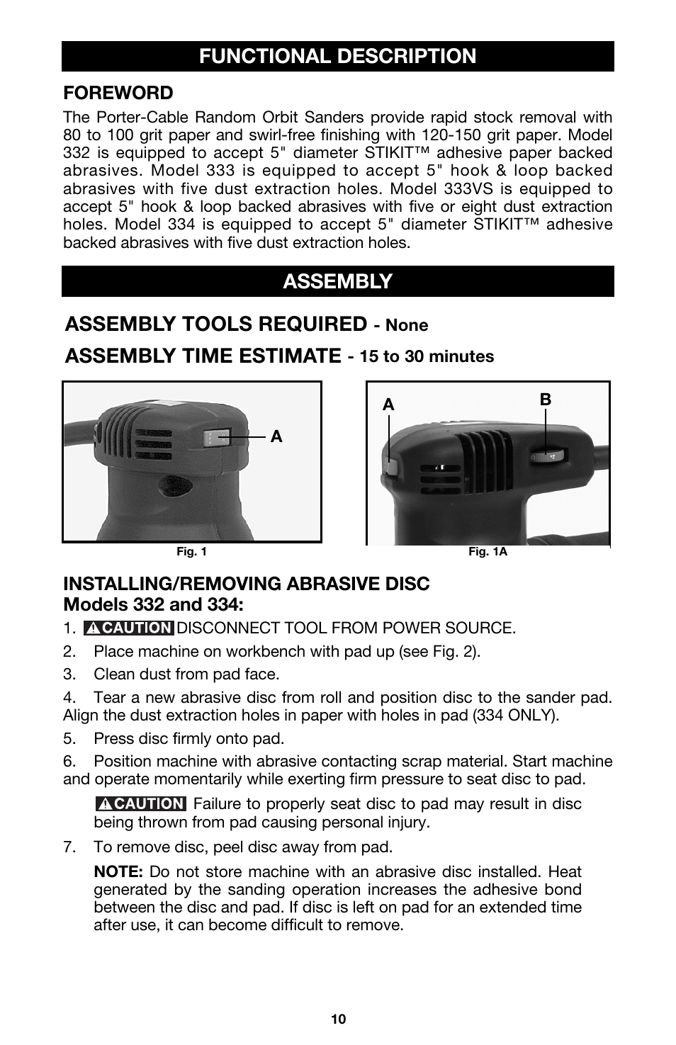 Functional description, Assembly tools required, Assembly time estimate | Assembly | Porter-Cable 333VS User Manual | Page 10 / 48