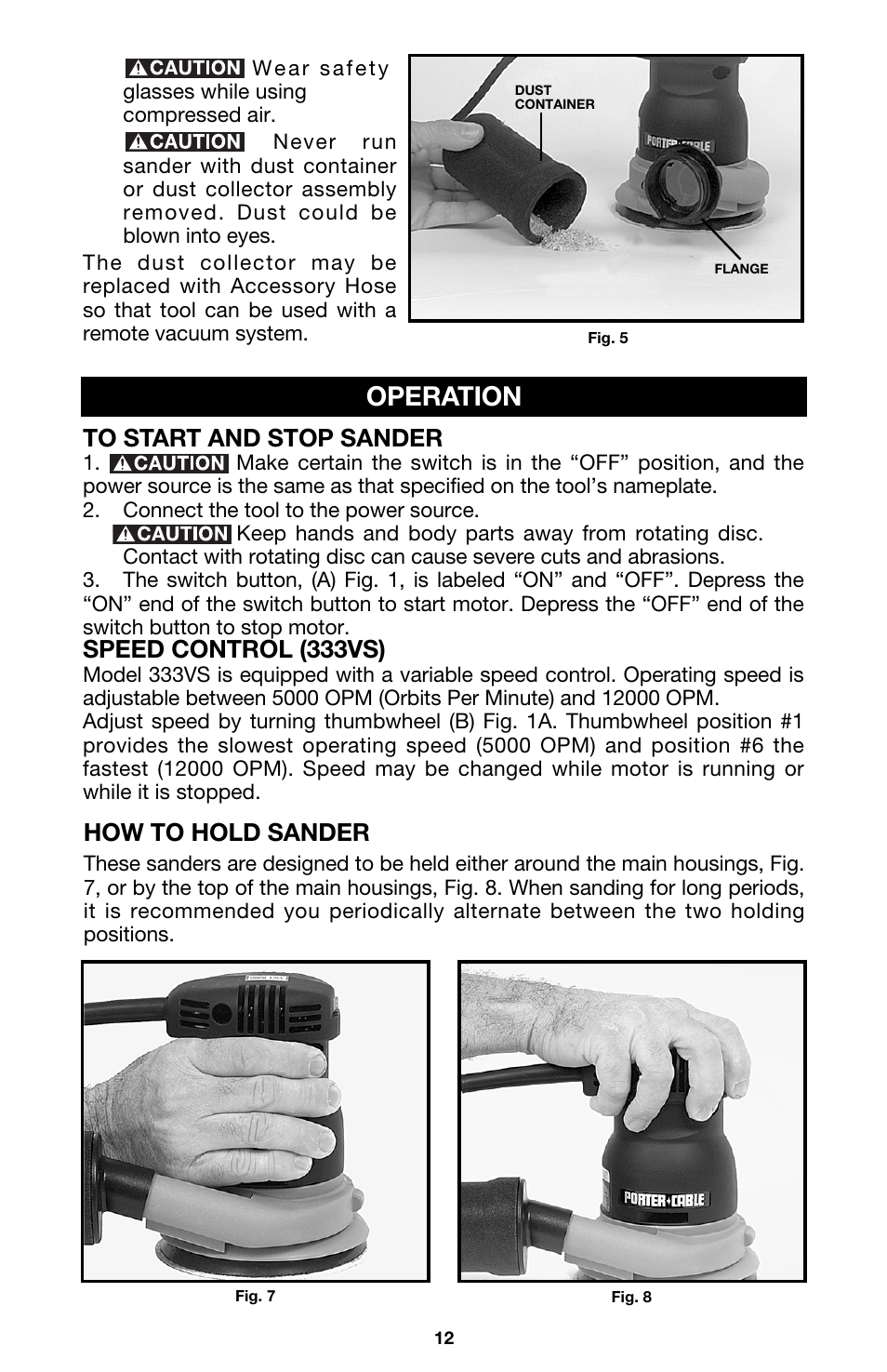 Operation, How to hold sander, Speed control (333vs) | Porter-Cable 333VS User Manual | Page 12 / 48