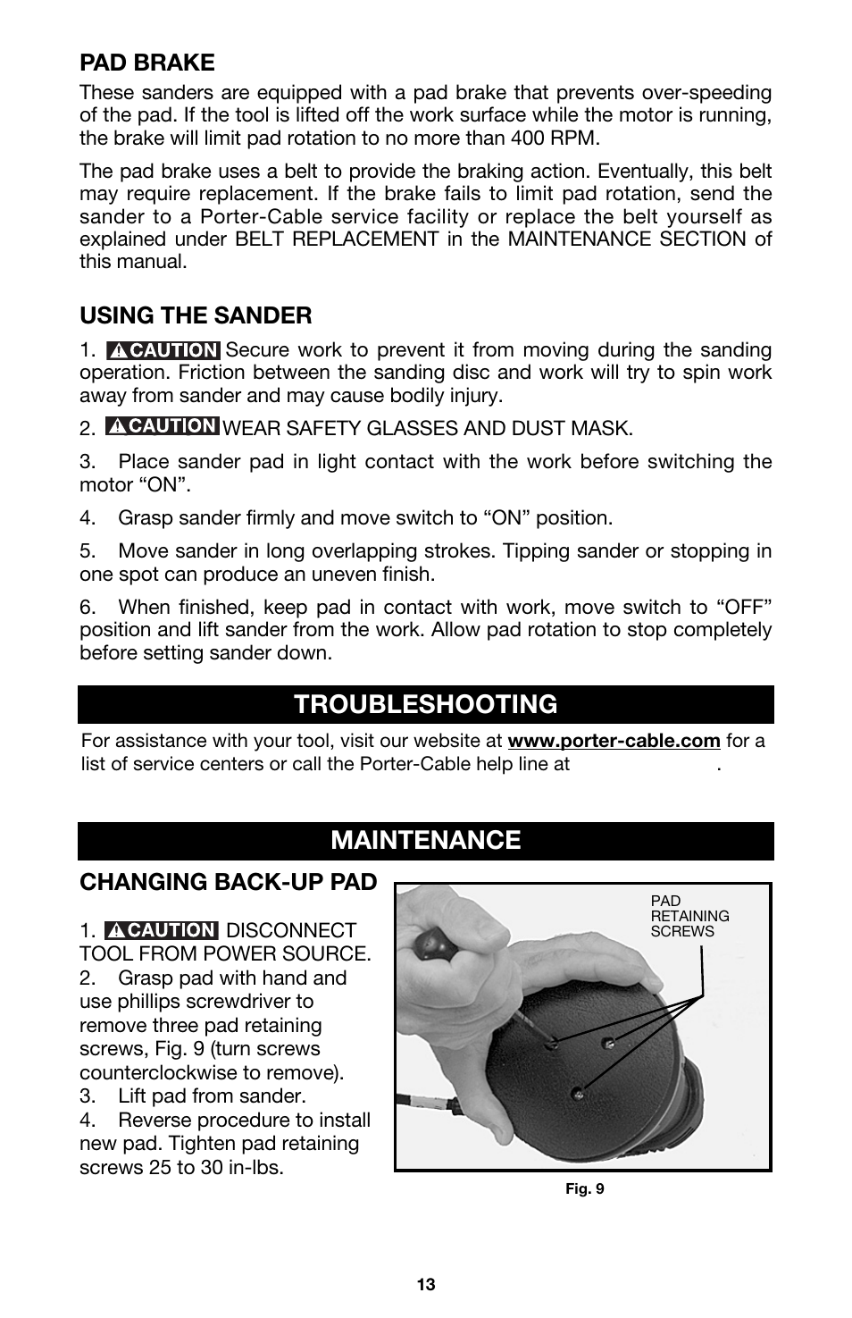 Maintenance, Troubleshooting, Changing back-up pad | Pad brake, Using the sander | Porter-Cable 333VS User Manual | Page 13 / 48