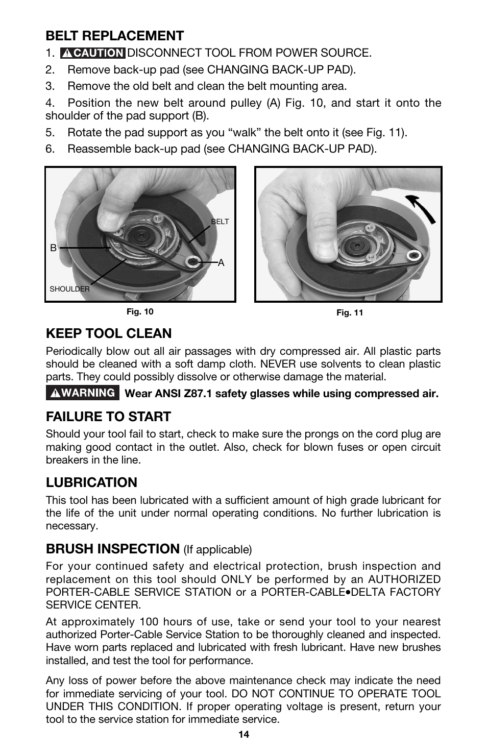 Belt replacement, Keep tool clean, Failure to start | Lubrication, Brush inspection | Porter-Cable 333VS User Manual | Page 14 / 48