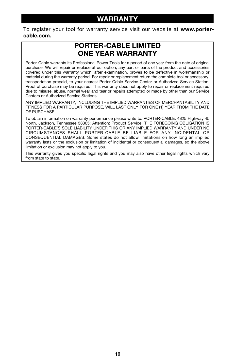 Porter-cable limited one year warranty, Warranty | Porter-Cable 333VS User Manual | Page 16 / 48