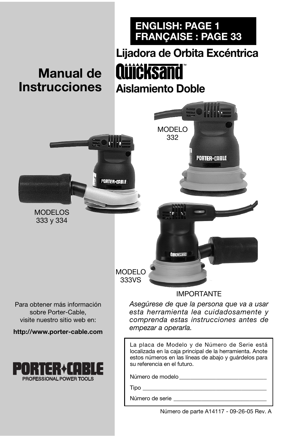 Manual de instrucciones, Lijadora de orbita excéntrica aislamiento doble, English: page 1 française : page 33 | Porter-Cable 333VS User Manual | Page 17 / 48