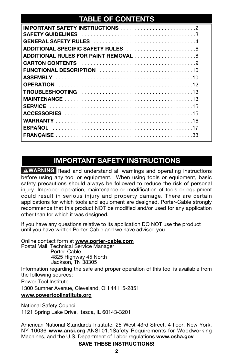 Table of contents important safety instructions | Porter-Cable 333VS User Manual | Page 2 / 48