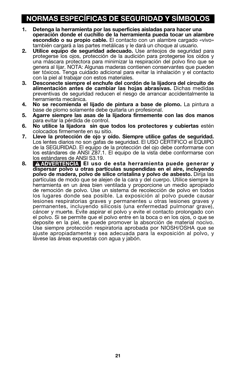 Normas específicas de seguridad y símbolos | Porter-Cable 333VS User Manual | Page 21 / 48