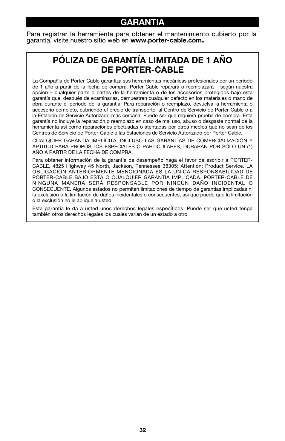 Garantia | Porter-Cable 333VS User Manual | Page 32 / 48