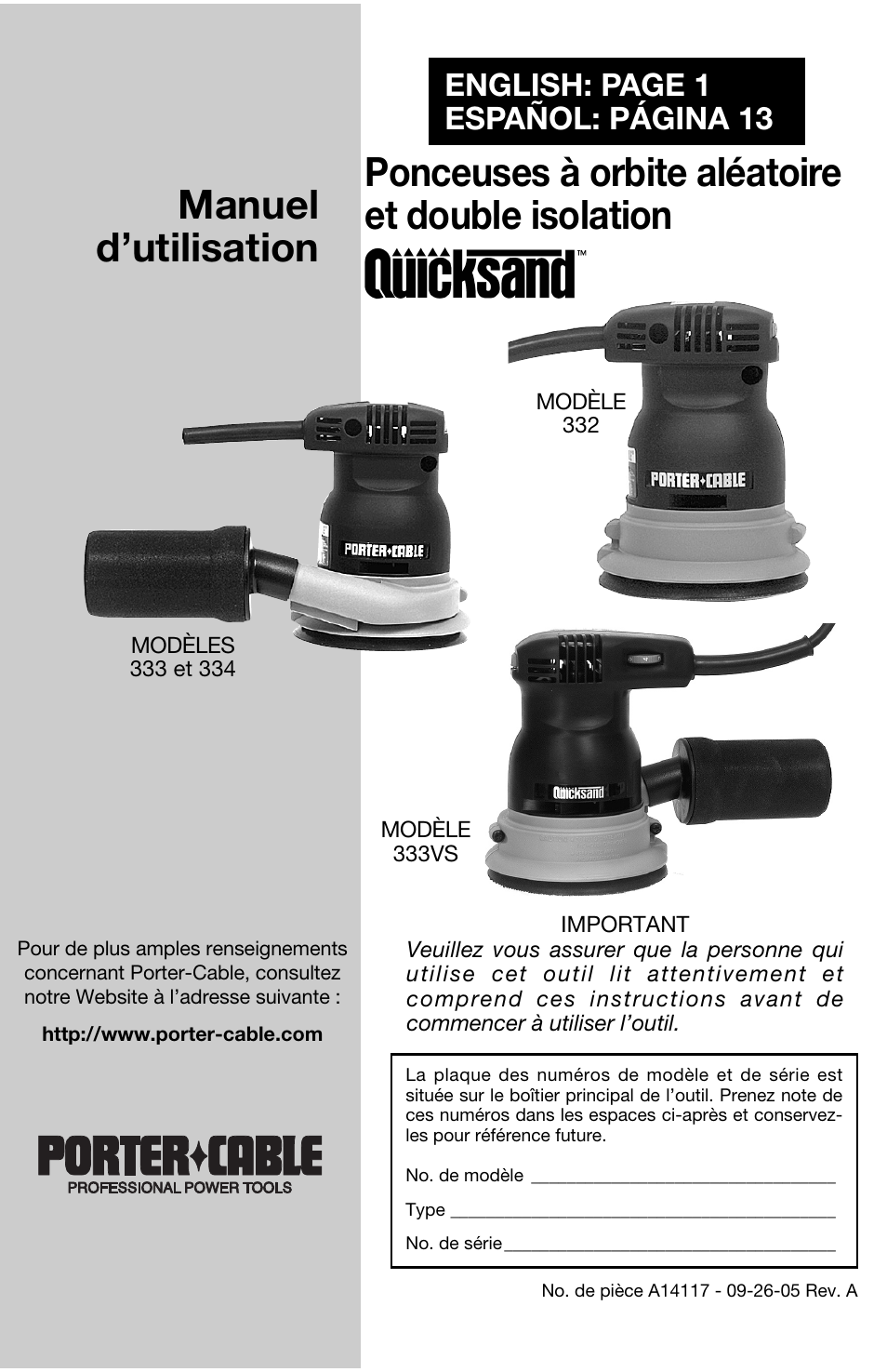 Manuel d’utilisation, Ponceuses à orbite aléatoire et double isolation, English: page 1 español: página 13 | Porter-Cable 333VS User Manual | Page 33 / 48