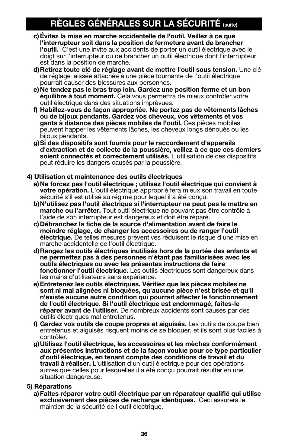 Règles générales sur la sécurité | Porter-Cable 333VS User Manual | Page 36 / 48