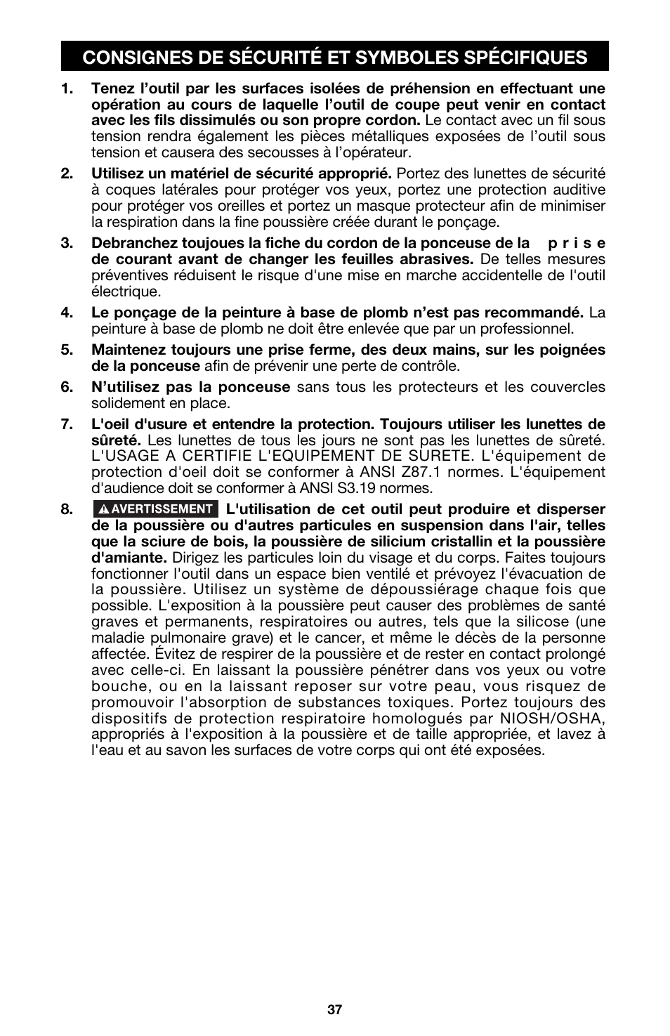 Consignes de sécurité et symboles spécifiques | Porter-Cable 333VS User Manual | Page 37 / 48