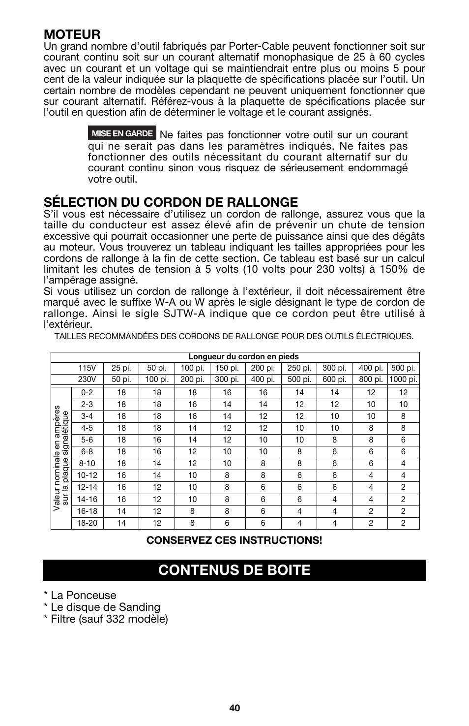 Contenus de boite, Moteur, Sélection du cordon de rallonge | Conservez ces instructions | Porter-Cable 333VS User Manual | Page 40 / 48