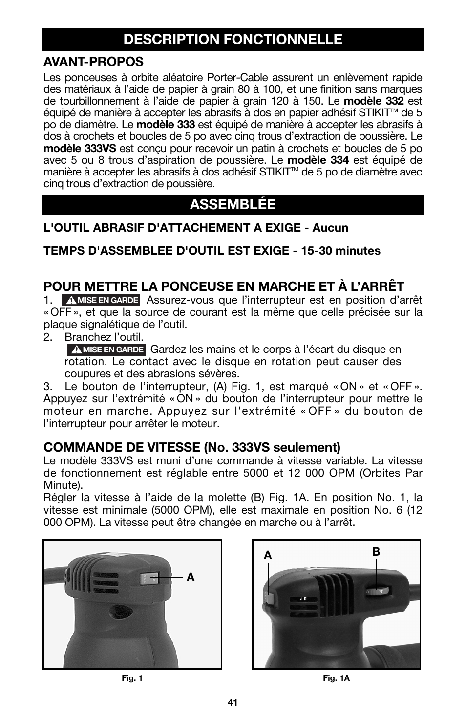 Description fonctionnelle, Assemblée, Avant-propos | Pour mettre la ponceuse en marche et à l’arrêt, Commande de vitesse (no. 333vs seulement) | Porter-Cable 333VS User Manual | Page 41 / 48