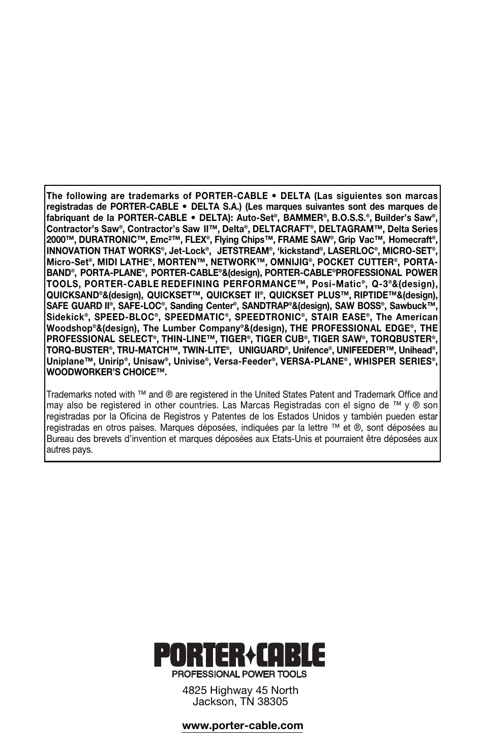 Bammer, B.o.s.s, Builder’s saw | Contractor’s saw, Contractor’s saw ii™, delta, Deltacraft, Flying chips™, frame saw, Grip vac™, homecraft, Innovation that works, Jet-lock | Porter-Cable 333VS User Manual | Page 48 / 48