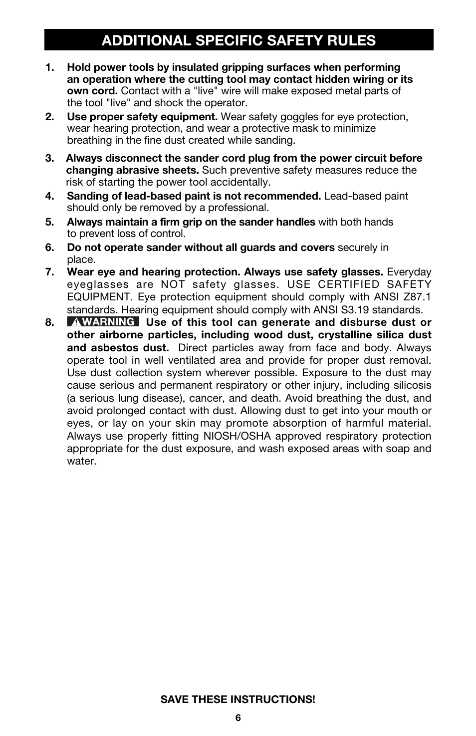 Additional specific safety rules | Porter-Cable 333VS User Manual | Page 6 / 48
