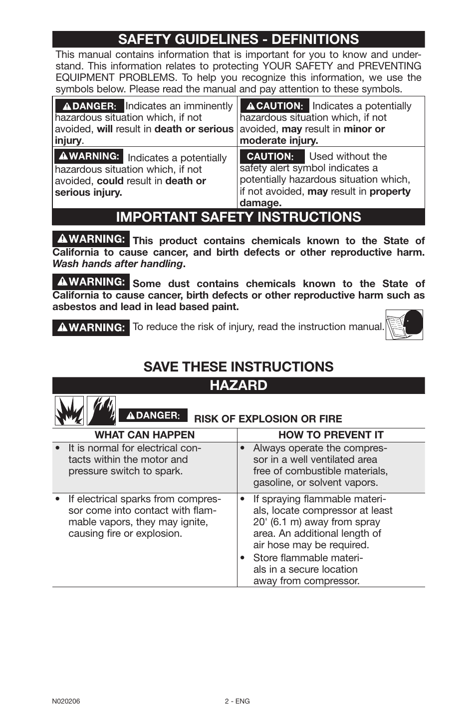 Safety guidelines - definitions, Important safety instructions, Save these instructions hazard | Porter-Cable C7501M User Manual | Page 2 / 80