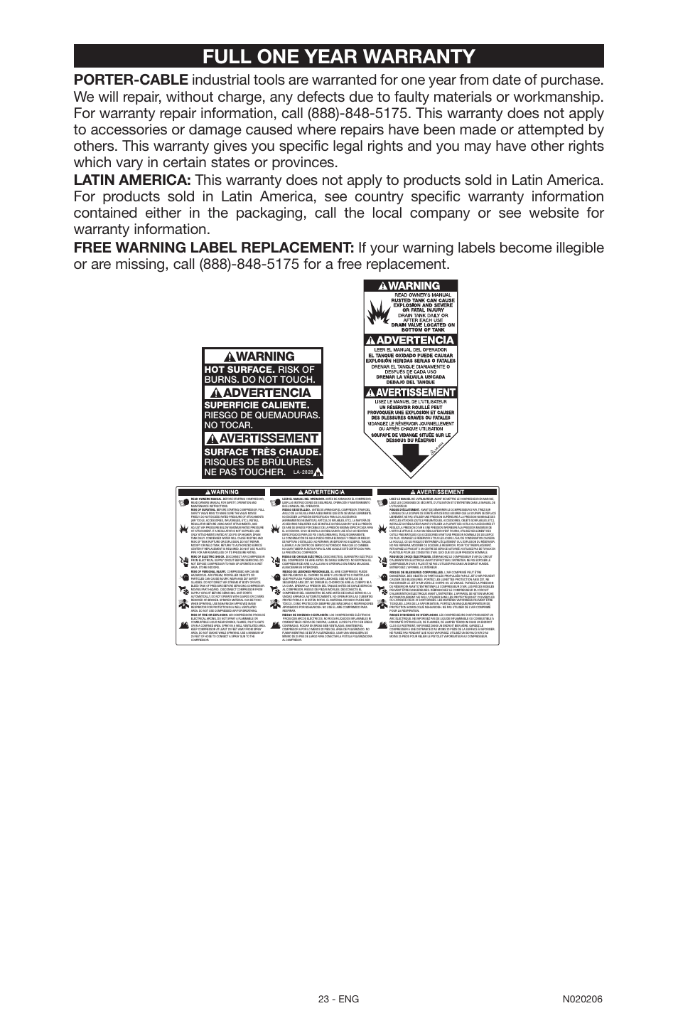 Full one year warranty, Warning, Advertencia avertissement | Porter-Cable C7501M User Manual | Page 23 / 80