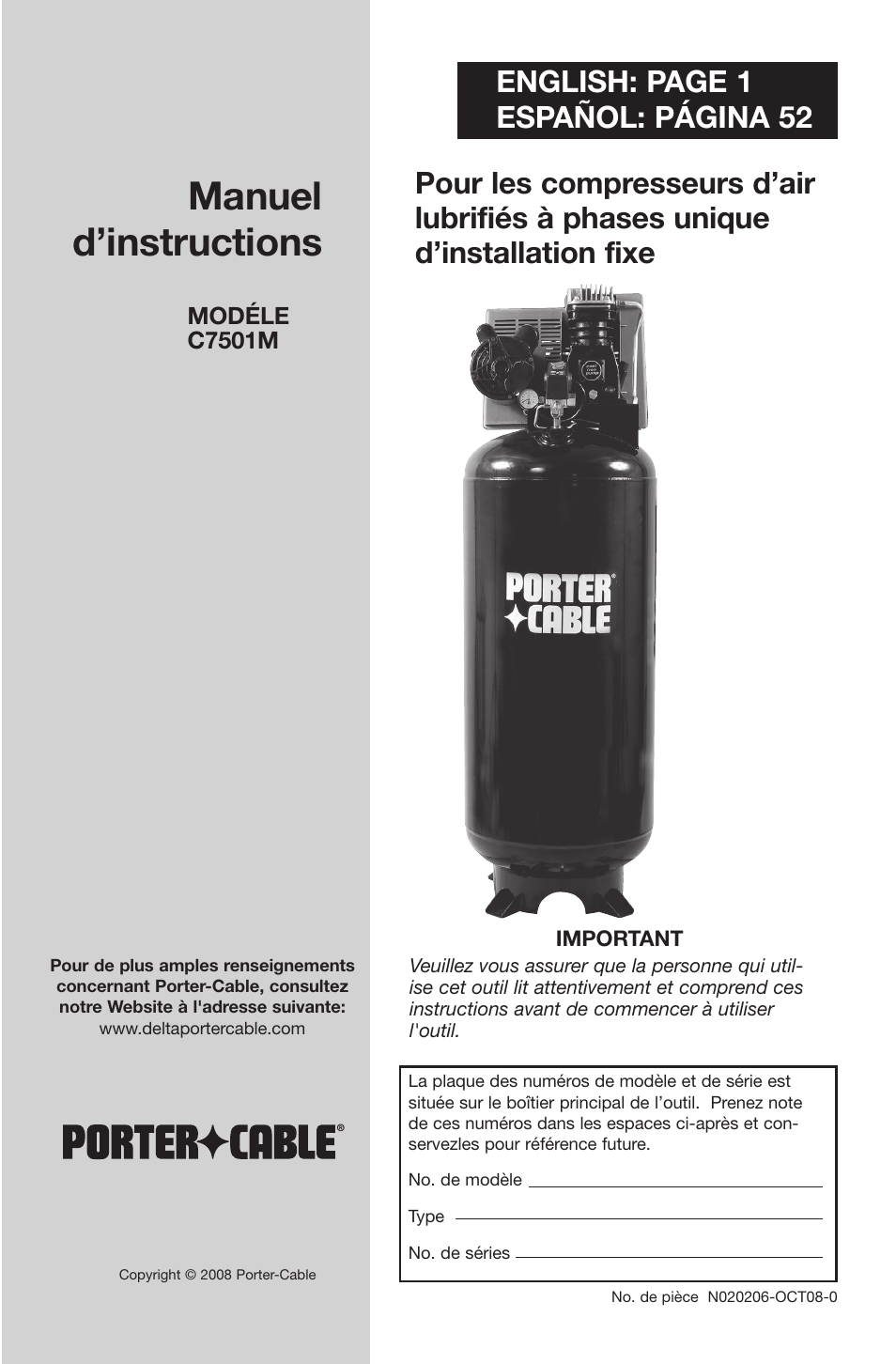 Manuel d’instructions, English: page 1 español: página 52 | Porter-Cable C7501M User Manual | Page 25 / 80