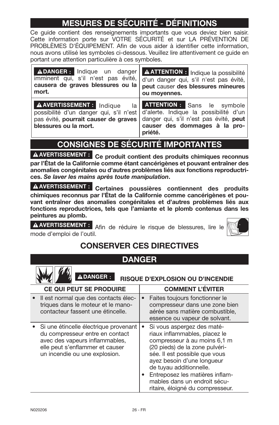 Mesures de sécurité - définitions, Consignes de sécurité importantes, Conserver ces directives danger | Porter-Cable C7501M User Manual | Page 26 / 80