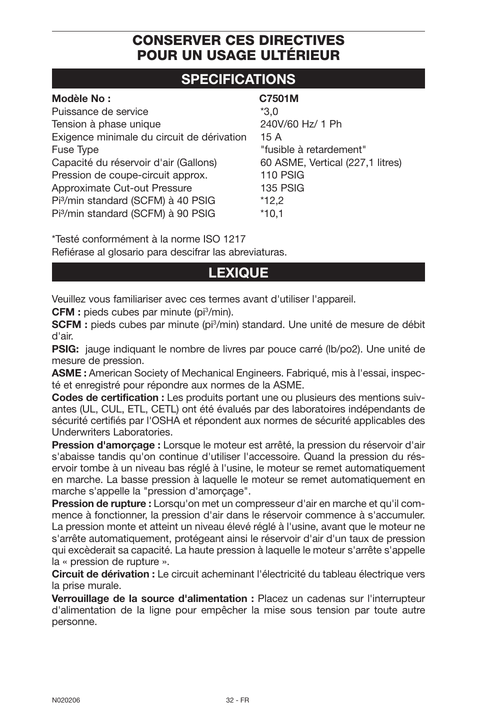 Lexique | Porter-Cable C7501M User Manual | Page 32 / 80