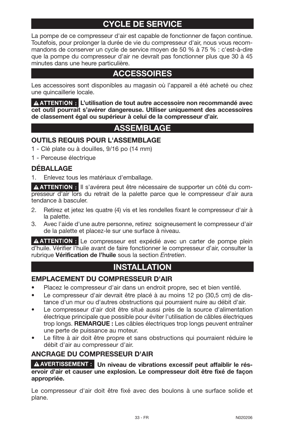 Cycle de service, Accessoires, Assemblage | Installation | Porter-Cable C7501M User Manual | Page 33 / 80