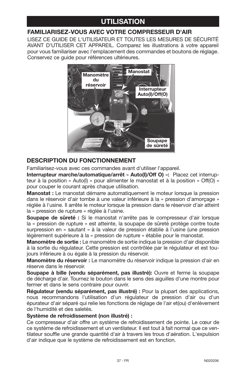 Utilisation, Familiarisez-vous avec votre compresseur d'air, Description du fonctionnement | Porter-Cable C7501M User Manual | Page 37 / 80