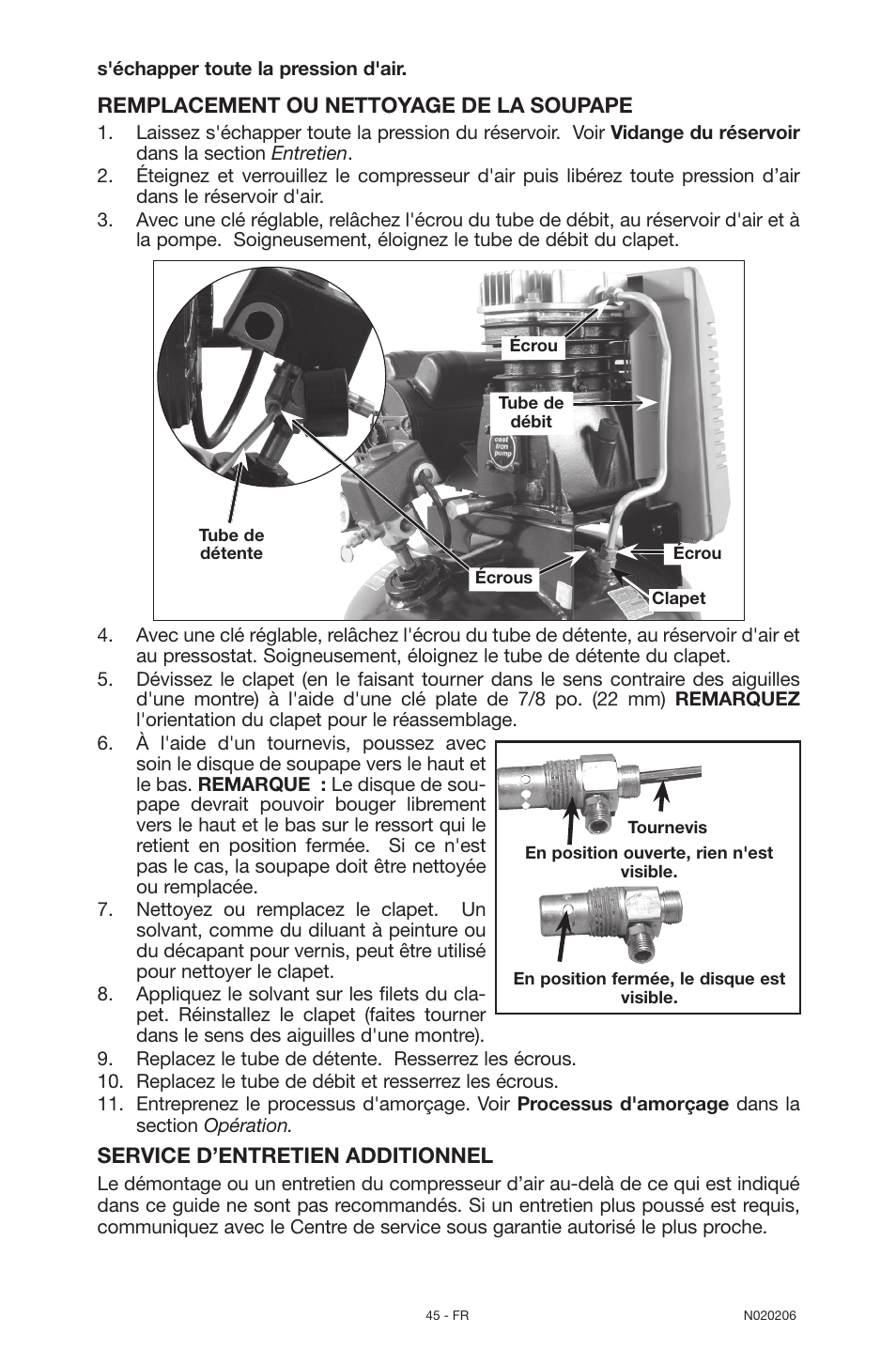 Remplacement ou nettoyage de la soupape, Service d’entretien additionnel | Porter-Cable C7501M User Manual | Page 45 / 80