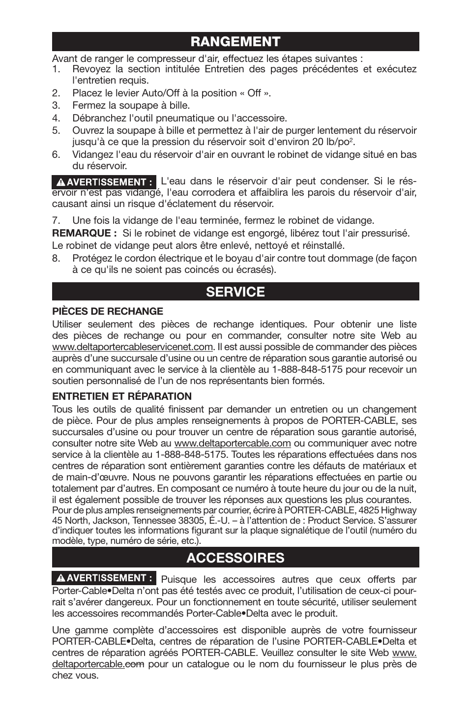 Rangement, Service, Accessoires | Porter-Cable C7501M User Manual | Page 46 / 80