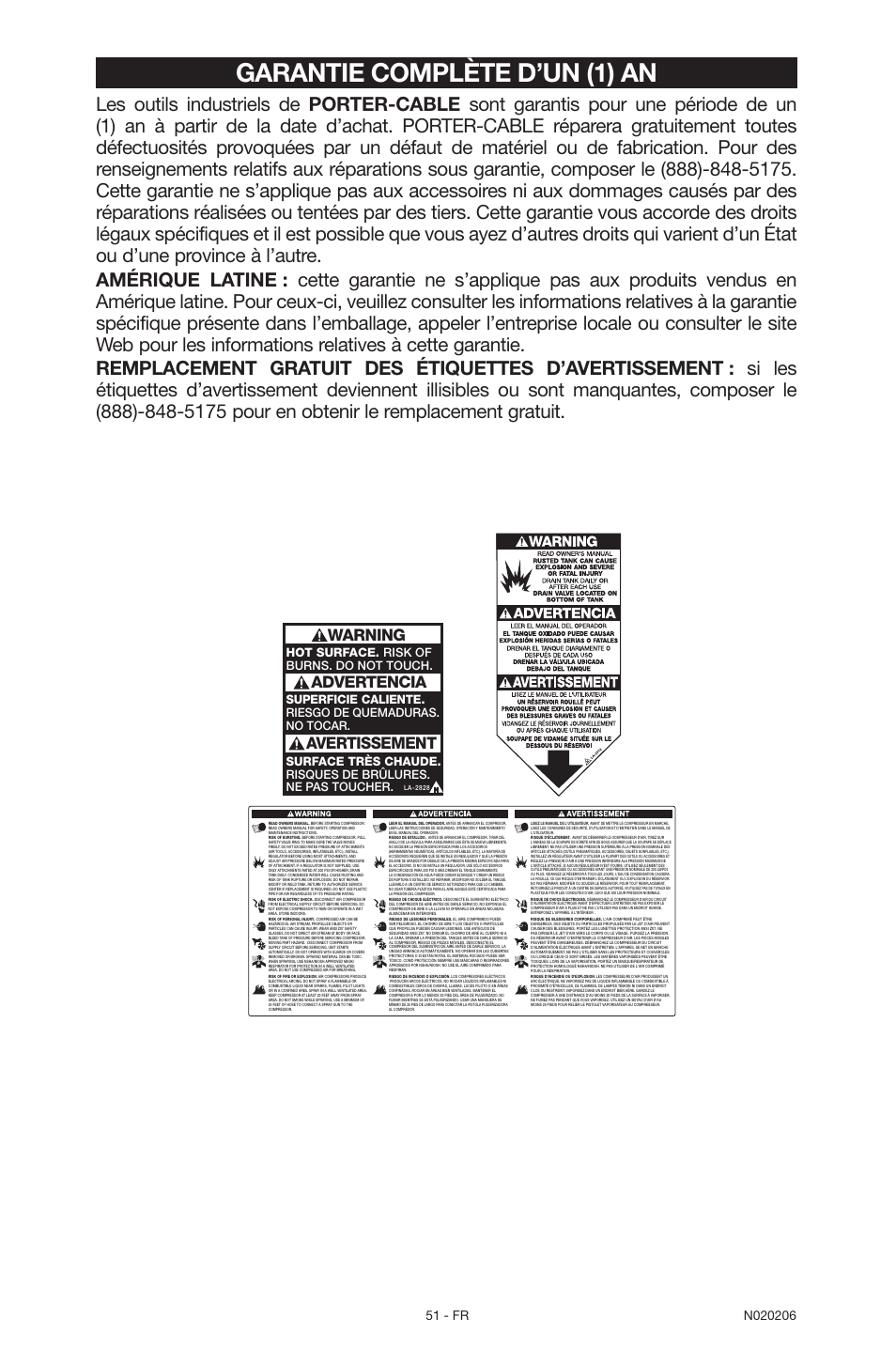 Garantie complète d’un (1) an, Warning, Advertencia avertissement | Porter-Cable C7501M User Manual | Page 51 / 80