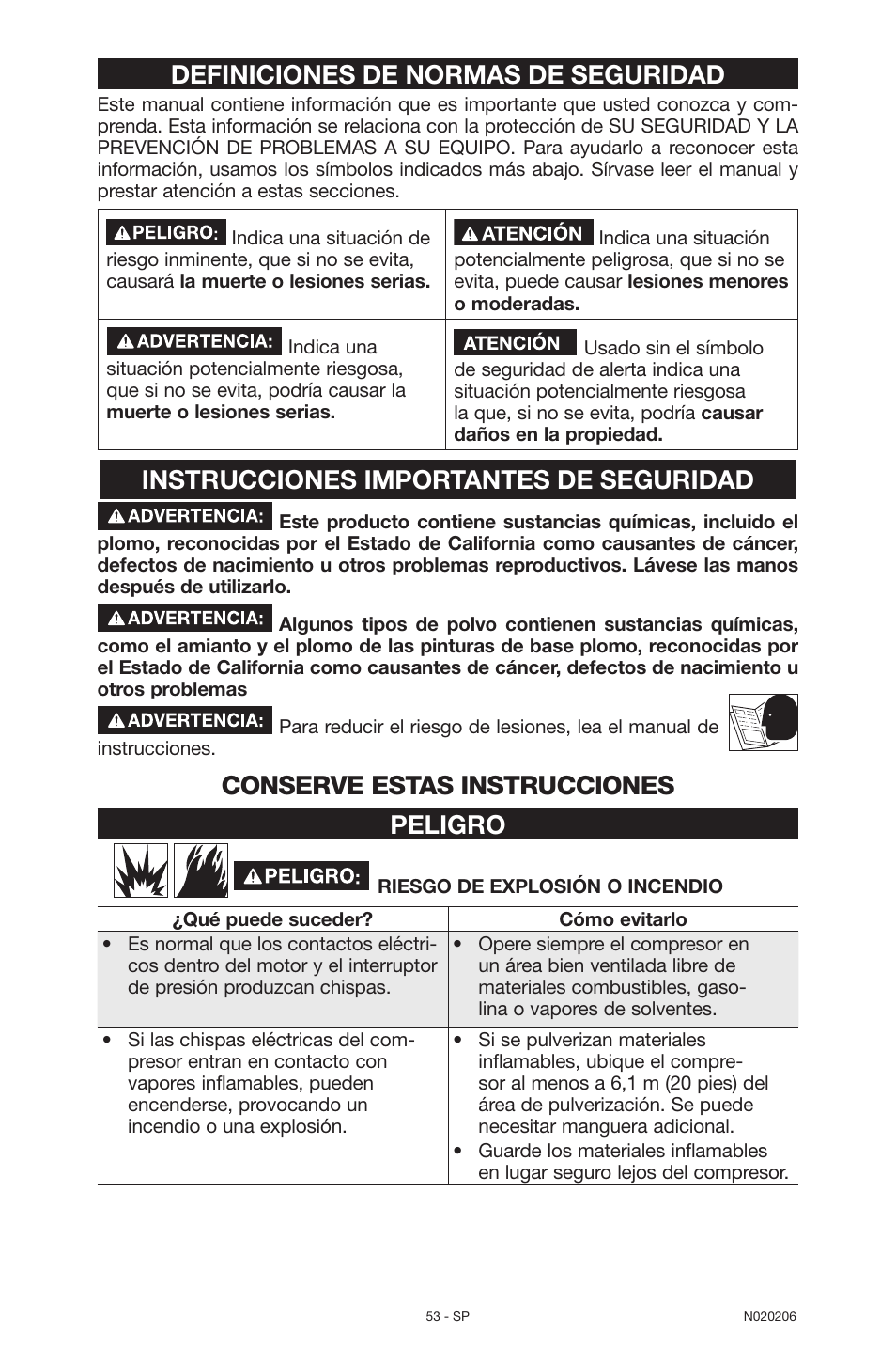 Definiciones de normas de seguridad, Instrucciones importantes de seguridad, Conserve estas instrucciones peligro | Porter-Cable C7501M User Manual | Page 53 / 80