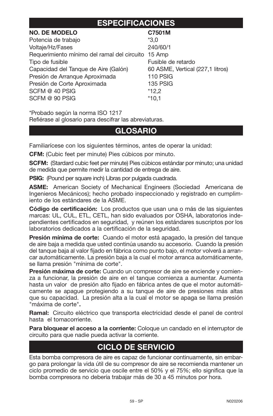 Especificaciones, Glosario, Ciclo de servicio | Porter-Cable C7501M User Manual | Page 59 / 80