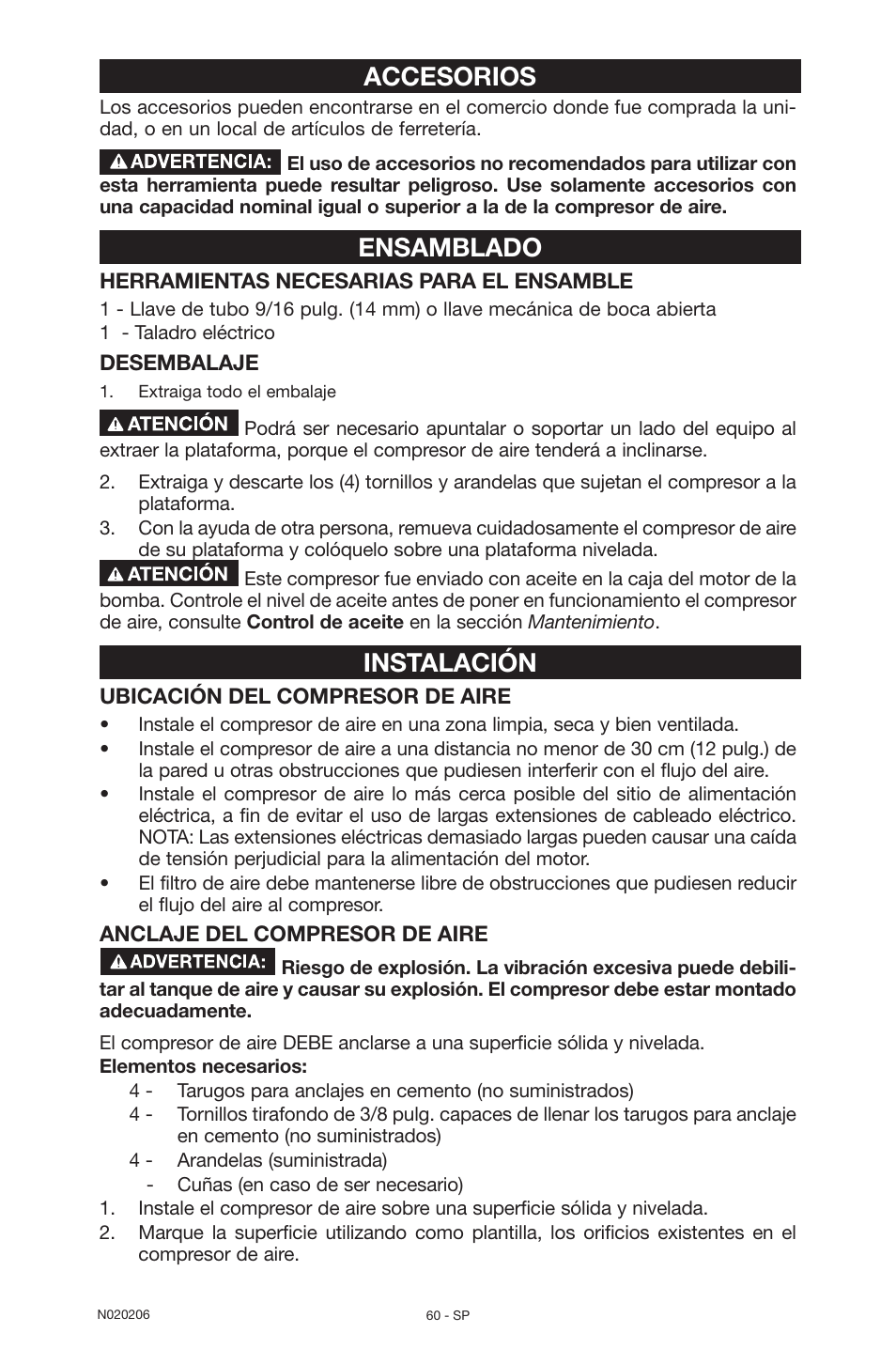 Accesorios, Ensamblado, Instalación | Porter-Cable C7501M User Manual | Page 60 / 80