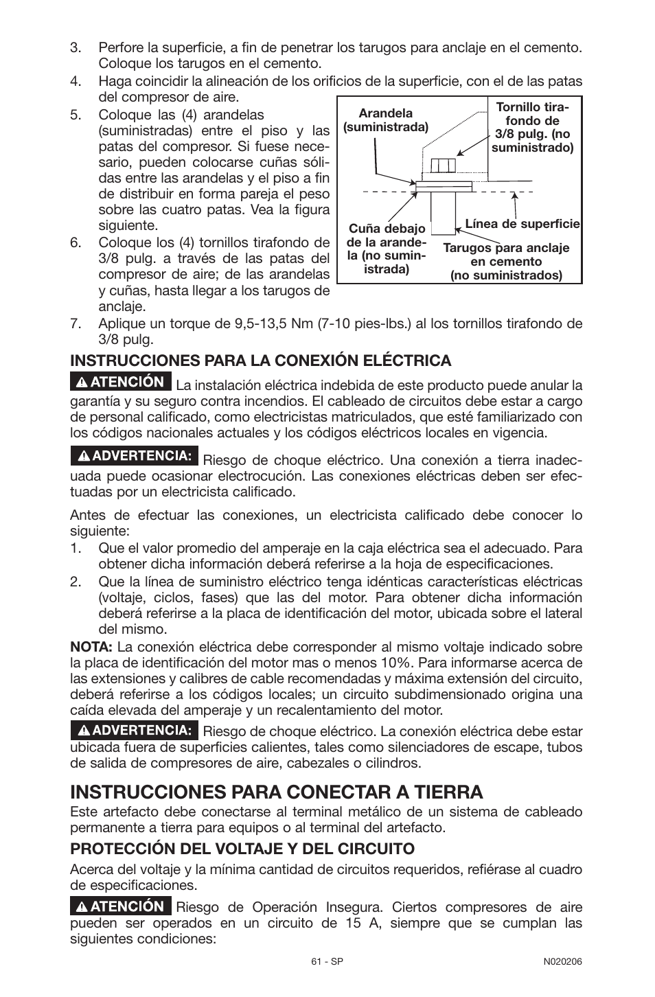 Instrucciones para conectar a tierra | Porter-Cable C7501M User Manual | Page 61 / 80