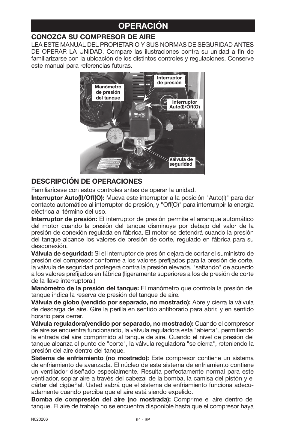 Operación, Conozca su compresor de aire, Descripción de operaciones | Porter-Cable C7501M User Manual | Page 64 / 80