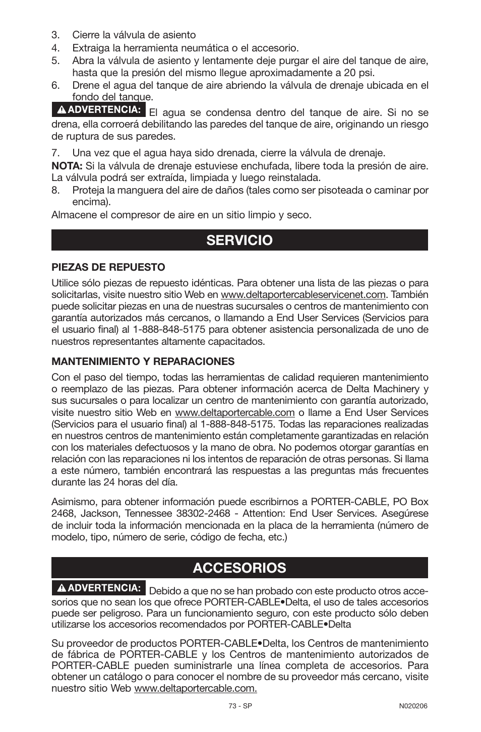 Servicio, Accesorios | Porter-Cable C7501M User Manual | Page 73 / 80