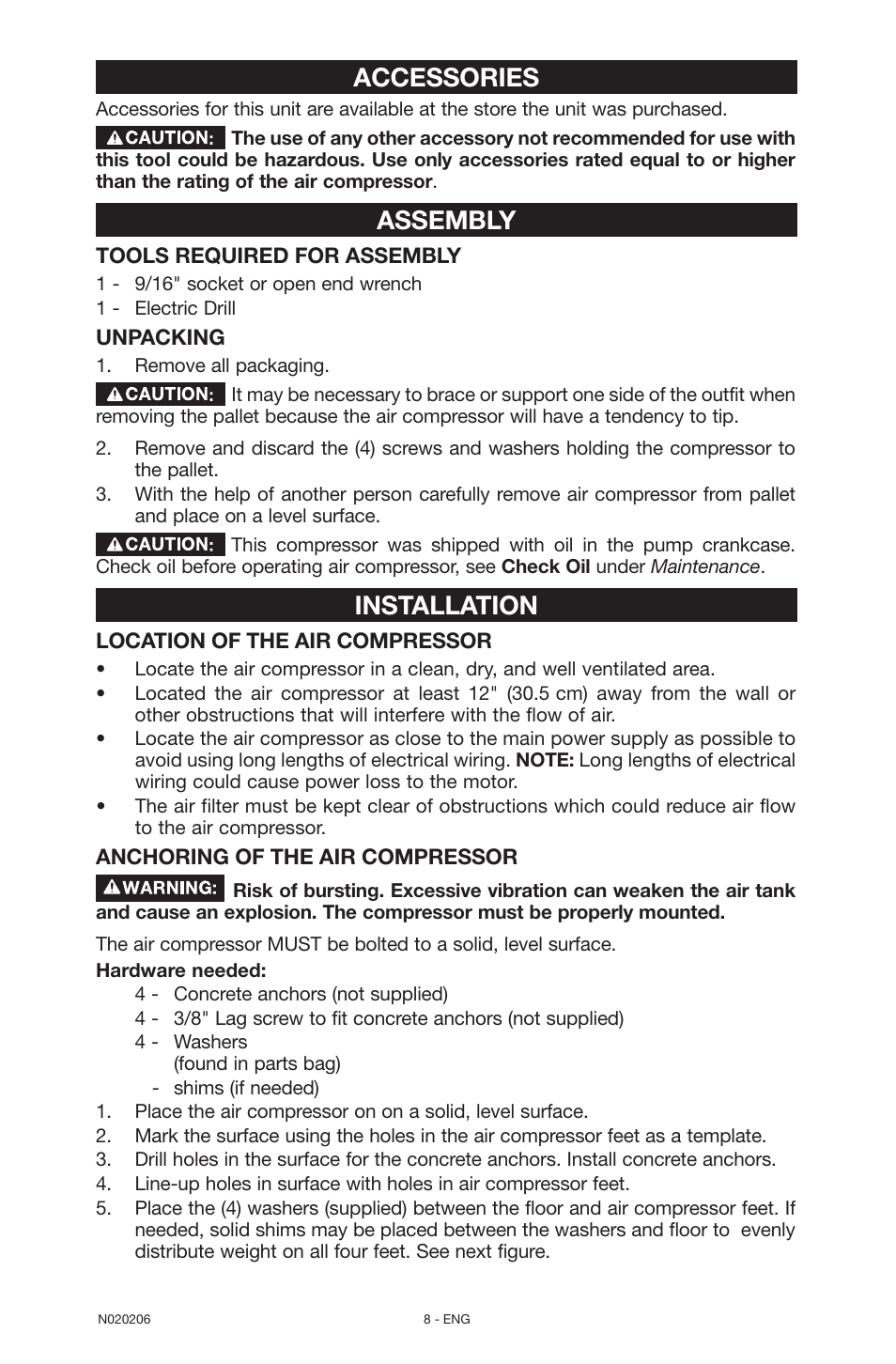 Accessories, Assembly, Installation | Porter-Cable C7501M User Manual | Page 8 / 80