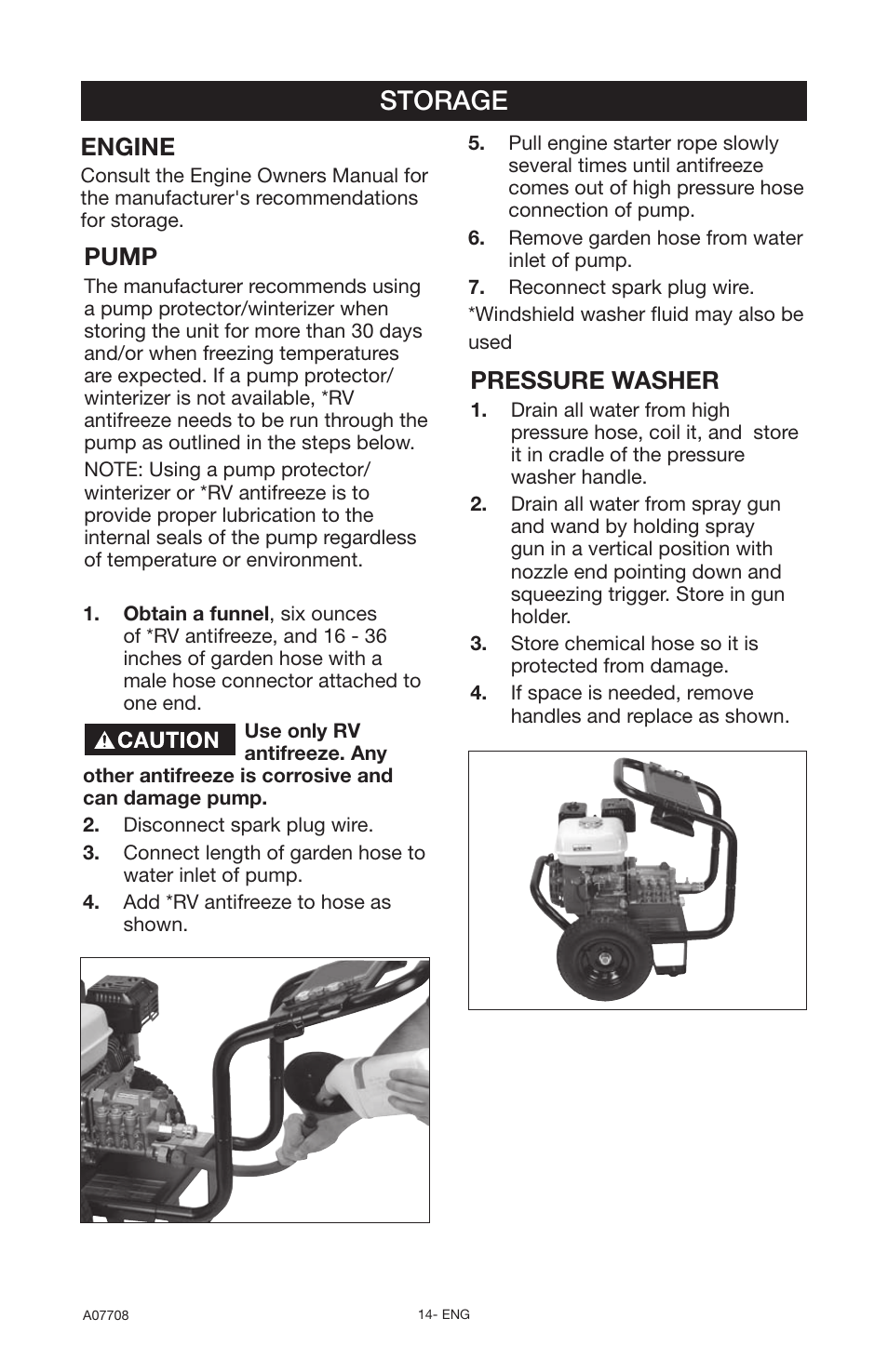 Storage, Engine, Pressure washer | Pump | Porter-Cable A07708-0412-0 User Manual | Page 14 / 18